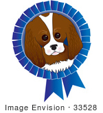 #33528 Clip Art Graphic Of A Dog Show Winning King Charles Spaniel Puppy In The Center Of A Blue Ribbon