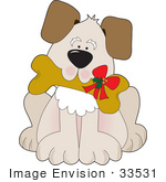 #33531 Clip Art Graphic Of An Adorable Puppy Dog Carrying A Doggy Biscuit With A Christmas Bow In His Mouth