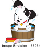 #33534 Clip Art Graphic of an Adorable Little Dalmatian Puppy Dog Taking A Bath In A Barrel, A Soap Bar And Scrub Brush On The Floor by Maria Bell