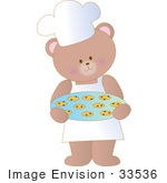 #33536 Clipart Of A Chef Bear Wearing A Chefs Hat And Apron Carrying Warm Chocolate Chip Cookies In A Bakery