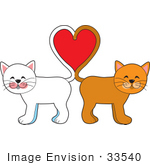 #33540 Clip Art Graphic Of A Cute Pair Of Cats One White One Orange Standing Back To Back Forming A Red Heart With Their Tails