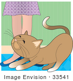 #33541 Clip Art Graphic Of A Loving Brown Cat Rubbing Against A Woman’S Legs Begging For Attention