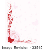 #33545 Clip Art Graphic of a Pretty, Red Stationery Border Of A Butterfly With Scrolls Over A Faded Pink Background by Maria Bell