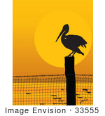 #33555 Clip Art Graphic Of A Silhouetted Pelican Bird Perched On A Post At Sunset