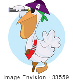 #33559 Clip Art Graphic Of A Pirate Pelican Bird In A Hat Peering Through A Telescope