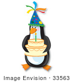 #33563 Clip Art Graphic Of A Birtday Party Penguin In A Cone Hat Holding A Cake With One Candle