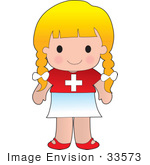 #33573 Clip Art Graphic Of A Blond Haired Poppy Character Of Switzerland Wearing A Cultural Flag Outfit
