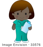 #33576 Clip Art Graphic Of A Poppy Character Nurse In Green Scrubs Carrying A Clipboard