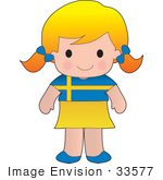 #33577 Clip Art Graphic Of A Blond Haired Poppy Character Of Sweden Wearing A Cultural Flag Outfit