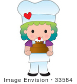 #33584 Clip Art Graphic Of A Rainbow Haired Chef Poppy Character In An Apron And Chefs Hat Holding A Cake In A Bakery