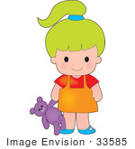 #33585 Clip Art Graphic Of A Lime Green Haired Poppy Character Girl Carrying A Purple Teddy Bear