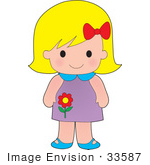 #33587 Clip Art Graphic Of A Blond Haired Poppy Character Girl With A Red Bow In Her Hair And A Red Flower Image On Her Dress