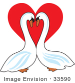 #33590 Clip Art Graphic Of A Pair Of Loving Swans Gazing At Eachother In Front Of A Red Heart