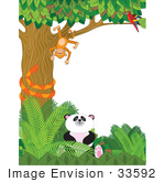 #33592 Clip Art Graphic of a Parrot Watching A Silly Monkey Hanging Upside Down In A Tree, A Snake And A Panda In A Forest by Maria Bell