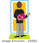 #33593 Clip Art Graphic Of A Man Ringing A Door Bell And Holding A Box Of Chocolates And Flowers On Valentines Day