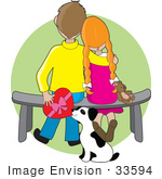 #33594 Clip Art Graphic Of A Cute Child Couple Sitting On A Bench With A Teddy Bear A Dog Sniffing The Valentines Day Chocolates That The Boy Is Holding