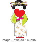 #33595 Clip Art Graphic Of A Cute Geisha Girl In Japan Holding A Heart In Front Of Her Face