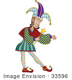 #33596 Clip Art Graphic Of A Jester In A Colorful Uniform And Hat Holding A Magic Wand