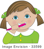 #33599 Clip Art Graphic Of A Cute Brunette Girl With Blue Eyes Brushing Her Teeth With A Pink Brush