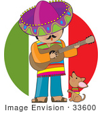 #33600 Clip Art Graphic of a Mexican Man Strumming A Guitar And Singing While A Little Dog Howls by Maria Bell