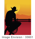#33601 Clip Art Graphic Of A Lonely Cowboy Silhouetted Against A Sunset Sitting On A Fence And Staring At A Pasture