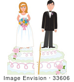 #33606 Clip Art Graphic Of A Young Couple Standing On Top Of Their Wedding Cake Getting Split Apart And Divorcing