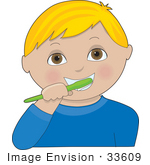 #33609 Clip Art Graphic Of A Blond Boy With Brown Eyes Brushing His Teeth With A Green Brush