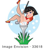 #33618 Clip Art Graphic Of A Dainty Character Lady Golfing Sitting On A Tee And Holding A Club