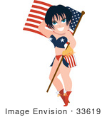 #33619 Clip Art Graphic Of A Dainty Character Lady With Black Hair Wearing Patriotic Clothes And Carrying An American Flag