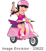 #33622 Clip Art Graphic Of A Dainty Character Lady In Pink Riding A Vespa And Waving