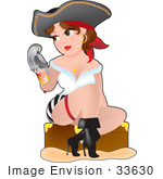 #33630 Clip Art Graphic Of A Dainty Character Lady Pirate Sitting With A Gray Parrot