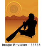 #33638 Clip Art Graphic Of A Silhouetted Aboriginal Man Playing The Didgeridoo At Sunset With An Australian Landscape