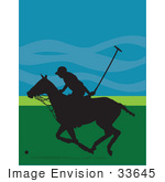 #33645 Clip Art Graphic Of A Polo Player On Horseback Running To Whack A Ball In Silhouette