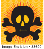 #33650 Clip Art Graphic Of A Silhouetted Jolly Roger Over An Orange Background