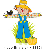 #33651 Clip Art Graphic of a Friendly Scarecrow In A Pumpkin Patch, Chatting With A Black Bird by Maria Bell