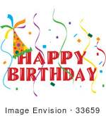 #33659 Clip Art Graphic of a Happy Birthday Party Banner With A Hat, Confetti And Streamers by Maria Bell