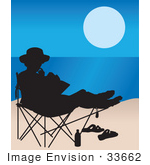 #33662 Clip Art Graphic Of A Silhouetted Person Reading A Book On A Chair On A Beach