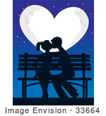 #33664 Clip Art Graphic Of A Bright Heart Shaped Moon Casting Light On A Silhouetted Teen Couple Kissing On A Park Bench