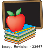 #33667 Clip Art Graphic of a Red Teacher’s Apple On A Stack Of Books By A Chalkboard by Maria Bell