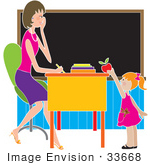 #33668 Clip Art Graphic Of A Female Teacher Getting A Red Apple From A Kindergarden Student
