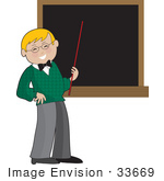 #33669 Clip Art Graphic Of A Happy Blond Male Teacher Holding A Pointer Stick To A Chalkboard