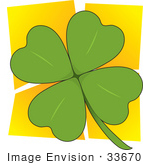 #33670 Clip Art Graphic Of A Four Leaved Green Clover Over A Yellow Background