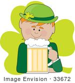 #33672 Clip Art Graphic Of A Green Clover Behind A Leprechaun Drinking Beer