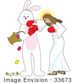 #33673 Clip Art Graphic Of The Easter Bunny Getting Punched By Jesus