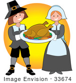 #33674 Clip Art Graphic Of A Generous Pilgrim Couple Serving Cooked Thanksgiving Turkey