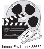 #33675 Clip Art Graphic of a Film Reel, Clapboard And Tickets by Maria Bell