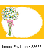 #33677 Clip Art Graphic Of A Glass Vase Of White Daisies With A Bow On A Yellow Oval Frame