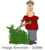 #33896 Clip Art Graphic Of A Caucasian Man In A Red Jacket Trimming An Overgrown Hedge In His Yard