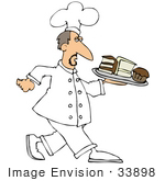 #33898 Clip Art Graphic Of A Grumpy Caucasian Male Chef In Uniform Carrying A Tray Of Cake Slices And A Cupcake