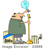 #33899 Clip Art Graphic Of A Light Loving Caucasian Man Putting An 800 Watt Lightbulb Into A Tall Floor Lamp